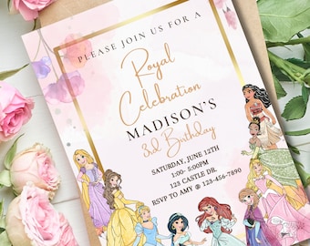 Könnte beinhalten: Eine rosa und goldene Einladung mit floralem Design. Die Einladung lautet "Bitte feiern Sie mit uns eine königliche Feier zum 3. Geburtstag von Madison". Sie enthält auch Datum, Uhrzeit, Adresse und RSVP-Informationen.