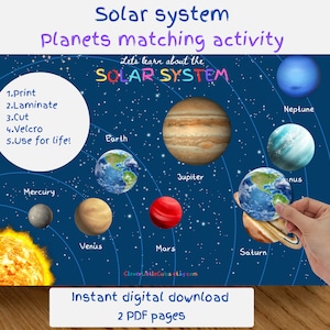 May include: A colorful printable solar system matching activity for kids. The activity includes a blue background with stars, planets, and the text "Let's learn about the SOLAR SYSTEM".