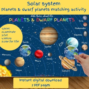 Könnte beinhalten: Ein farbenfrohes Lernspiel für Kinder, um die Planeten und Zwergplaneten in unserem Sonnensystem kennenzulernen. Die Karte zeigt Illustrationen jedes Planeten und Zwergplaneten sowie deren Namen. Die Karte enthält auch Anweisungen zum Drucken, Laminieren, Schneiden und Verwenden von Klettverschluss, um eine lustige und interaktive Lernaktivität zu schaffen.