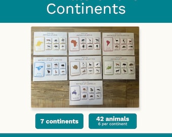 May include: A set of seven educational matching activity sheets titled Animals of the Continents. Each sheet features a map of a continent and six corresponding animal cards. The collection includes 42 animal cards in total, organized by continent.
