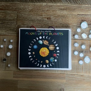 Può includere: Un poster in bianco e nero con il testo "Lets learn about the MOONS OF THE PLANETS" e un'illustrazione colorata dei pianeti e delle loro lune.