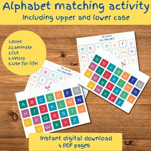 May include: A printable alphabet matching activity for kids. The activity includes uppercase and lowercase letters in colorful squares. The instructions are to print, laminate, cut, and use velcro to create a fun learning game. The text "Let's build the ALPHABET" is included on the page.