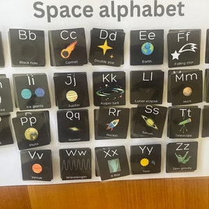 May include: A black and white alphabet chart with space-themed illustrations. Each letter is paired with a space-related word, such as astronaut, black hole, comet, double star, earth, falling star, galaxy, houmea, ice giants, jupiter, kuiper belt, lunar eclipse, mars, neptune, orbit, pluto, quasar, rocket, saturn, telescope, uranus, venus, wavelength, x-ray, year, and zero gravity.