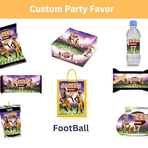 May include: A collection of custom party favors with a football theme. Items include a candy bag, a box, a water bottle, a candy bar, a shopping bag, a juice box, and a can. Each item features the name "Jaleen" and the number "17".