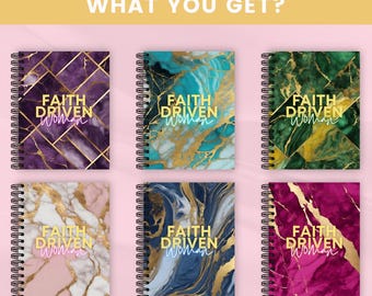 May include: A collection of spiral-bound notebooks with marble-style covers in various colors, including purple, teal, green, pink, blue, and magenta. Each notebook features the text "FAITH DRIVEN WOMAN" in gold lettering. The notebooks are 8.5 x 11 inches.