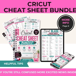 May include: The image shows a Cricut Cheat Sheet Bundle, comprising a spiral-bound notebook, a tablet, and a smartphone, all displaying cheat sheets. The notebook has the text "Cricut Cheat Sheet Bundle". The image also includes the text "Helpful Tips".