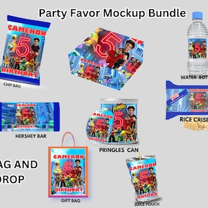 Op de afbeelding: Een mockup-bundel van feestartikelen, waaronder een chipzak, Hershey-reep, cadeauzak, Pringles-blik, sapzakje, waterfles en Rice Crispy Treat. Elk item heeft een ontwerp met de naam "Cameron", het nummer "5" en het woord "Verjaardag".