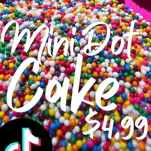 May include: A cake covered in a multitude of colorful mini dot sprinkles. The words "Mini Dot Cake" are written in white script across the top. A TikTok logo is in the lower left.