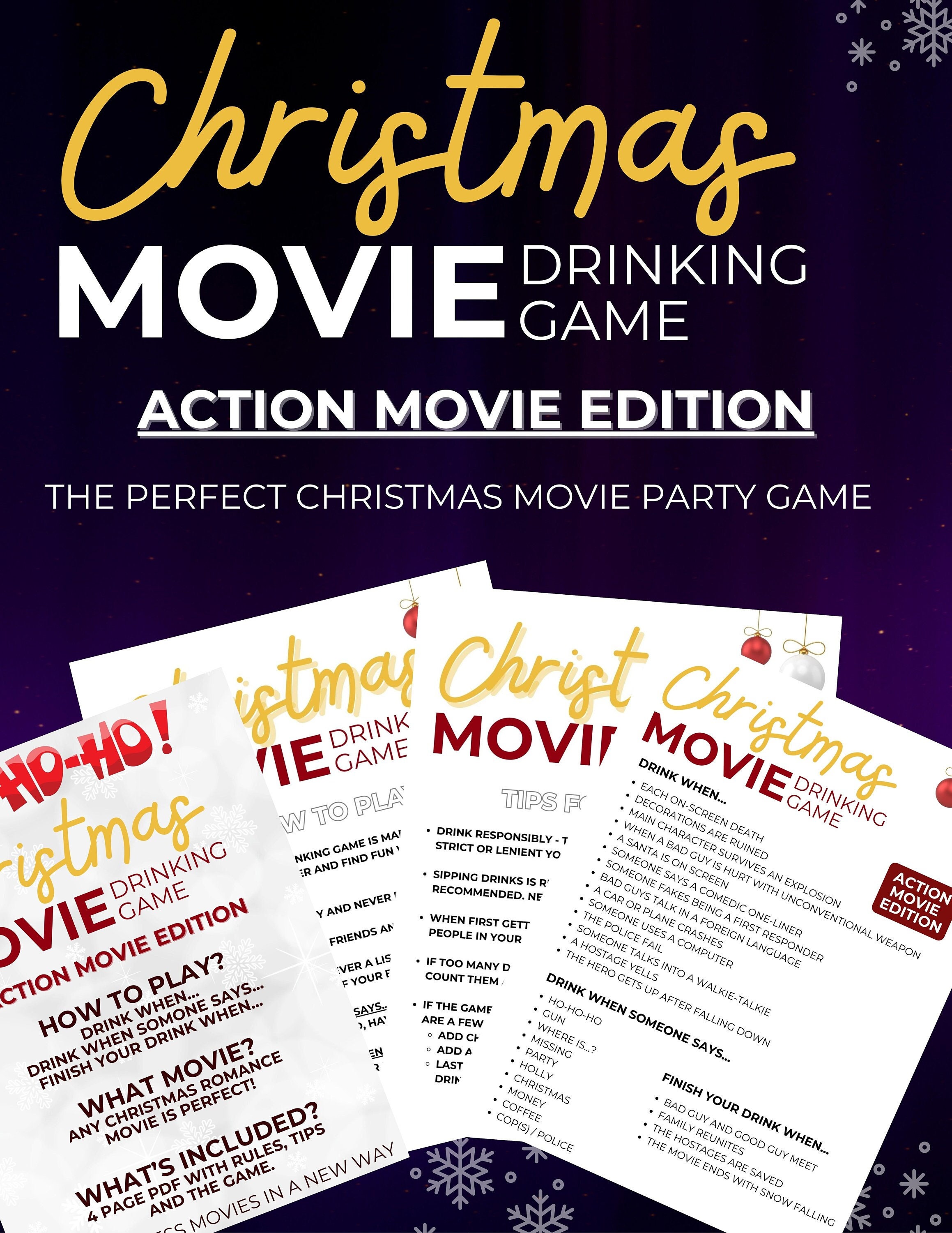 Christmas Movie Drinking Game - Action Movie Edition (4-Page PDF) Perfect Holiday Movie Companion Game