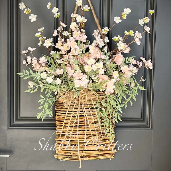 Hanging grapevine basket, white, cream, peach, blossom flower, farmhouse decor, spring summer wreath, wall hanging, flower arrangement, twig