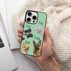 Personalized phone cases for dog lovers, custom pet phone cases with photos and names, custom Apple 15 phone cases, custom cat phone cases.