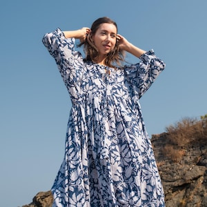 Blue Floral Hand Block Print Maxi Dress | Bohemian Cotton Dress | Summer Dresses for Women | Maternity  Feeding Boho Puff Sleeve Dress Kurta