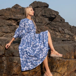 Blue Floral Hand Block Print Kyra Maxi Dress | Bohemian Cotton Dress | Summer Dresses for Women | Puff Sleeves Custom Comfy Dress Plus Size