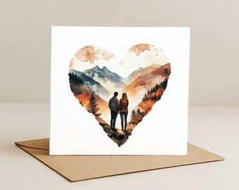 Tarjeta de aniversario en acuarela: Amor en las montañas - Corazón de 6x6