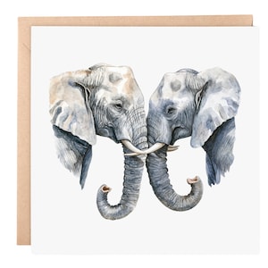 Tarjeta de felicitación con elefantes enamorados: arte animal en acuarela, tarjeta en blanco de 6 x 6 para aniversario, boda o amistad