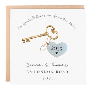 Gepersonaliseerde New Home Card – 6 x 6 housewarmingkaart met sleutel- en hartontwerp – aangepast adres en namen – First Home Card-cadeau aangepast