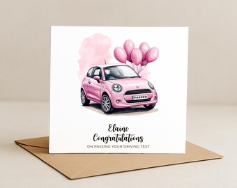 Personalized Driving Test Card: Pink Car & Balloons, Congratulations Gift