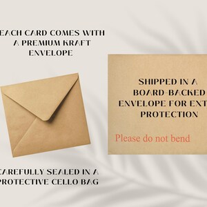 Op de afbeelding: Twee bruine kraftpapieren enveloppen worden getoond, &eacute;&eacute;n gevouwen en de andere open. Tekst op de afbeelding luidt: "Elke kaart wordt geleverd met een premium kraft envelop." en "Zorgvuldig verzegeld in een beschermende cellozak."