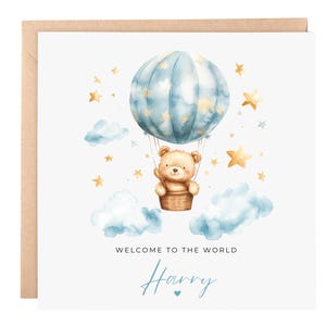 Carte personnalisée pour nouveau-né garçon/fille - Carte de bienvenue dans le monde - Cadeau baby shower 6 x 6 - Carte adorable ours en peluche - Carte de nom de bébé pour nouveau-né