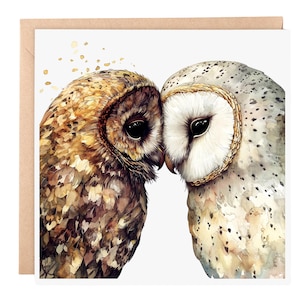 Cartão de felicitações com corujas – Arte animal em aquarela, cartão em branco 6x6 para aniversário, casamento ou amizade