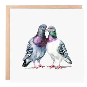 Wenskaart Pigeons Love – aquarel wildlife kunst, 6 x 6 blanco kaart voor jubileum, bruiloft of vriendschap