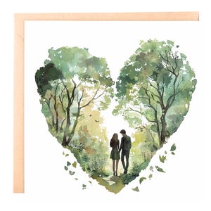 Romantische Jubiläumskarte - Liebe im Wald - 150x180 Aquarell Herz Karte für Mann, Frau, Freund oder Freundin, personalisierte Karte