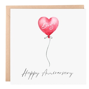 Personalisierte Jubiläumskarte - Individuelle Herz-Ballonkarte mit Initialen | Romantische 150x150 Glückwunschkarte zum Jubiläum für Paare, Ihn, Sie
