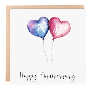 Biglietto di auguri per anniversario personalizzato - Biglietto di auguri con palloncino a cuore personalizzato con iniziali / Biglietto di auguri romantico per anniversario 6x6 per coppie, lui, lei