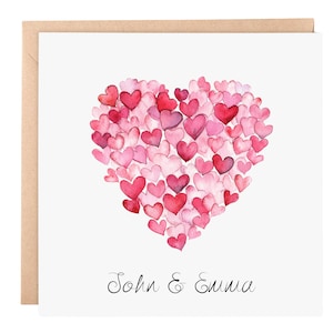 Cartão de coração personalizado em aquarela – Nomes personalizados – Cartão romântico de amor 6x6 – Dia dos Namorados, aniversário, casamento, noivado, cartão personalizado