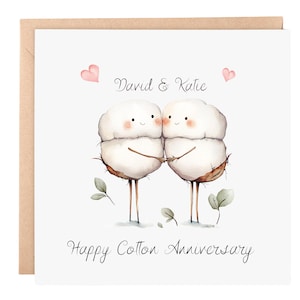 Tarjeta de aniversario de algodón - Tarjeta de segundo aniversario para pareja - Tarjeta personalizada - Diseño de algodón - Tarjeta de aniversario hecha a mano de 6x6 con nombres