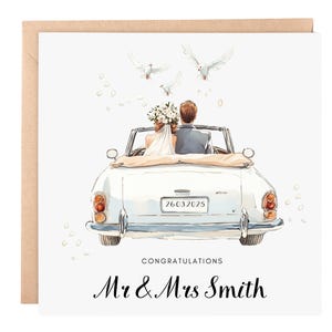 Carte de mariage personnalisée | Carte simplement mariée élégante | Félicitations de mariage de voitures anciennes | Carte de voeux pour jeunes mariés 6 x 6