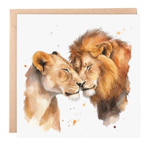 Lions Love-wenskaart – aquarel dierenkunst, 6 x 6 blanco kaart voor jubileum, bruiloft of vriendschap