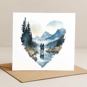 Biglietto d'auguri ad acquerello: paesaggio di montagna con cuore, amore romantico