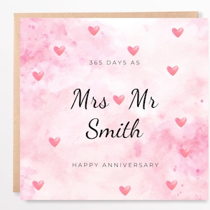 Biglietto di auguri personalizzato per il primo anniversario - Nome personalizzato del coniuge e della moglie - 365 giorni di matrimonio - Regalo di anniversario di carta - Biglietto di auguri fatto a mano 6x6