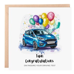 Gefeliciteerd kaart rijexamen – gepersonaliseerde kaart van 6 x 6 met blauwe auto en ballonnen – geslaagd voor rijbewijs, gepersonaliseerde kaart, Ford Fiesta