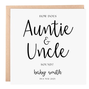 Faire-part de grossesse – « Comment ça sonne tante et oncle ? » – Carte 6 x 6 Baby Reveal, nom personnalisé du bébé et date d'accouchement – Souvenir familial Reveal