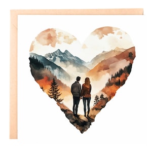 Romantische verjaardagskaart - Love in the Mountains-6 x 6 aquarel hartkaart voor man, vrouw, vriend of vriendin, gepersonaliseerd