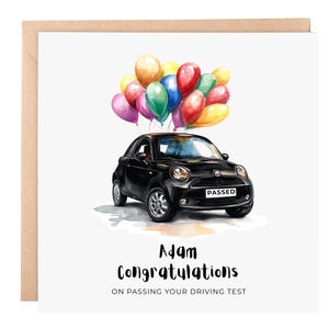 Gefeliciteerd kaart voor rijexamen – gepersonaliseerde kaart van 6 x 6 met zwarte auto en ballonnen – cadeau geslaagd voor rijexamen, gepersonaliseerde kaart, Fiat 500