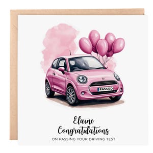 Cartão de felicitações para o exame de condução – Cartão personalizado 6x6 com carro rosa e balões – Cartão personalizado para quem passou no exame de condução