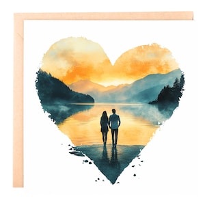 Romantische verjaardagskaart - Love in the Mountains-6 x 6 aquarel hartkaart voor man, vrouw, vriend of vriendin, gepersonaliseerd