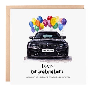 Gefeliciteerd kaart voor rijexamen – gepersonaliseerde kaart van 6 x 6 met zwarte auto en ballonnen – cadeau voor rijexamen, gepersonaliseerde kaart, BMW