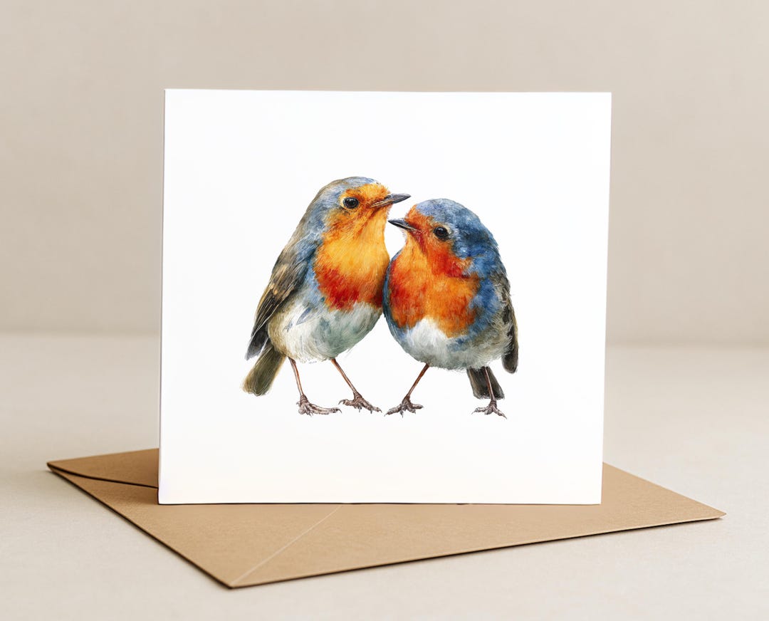 Two Robin Birds Love Greeting Card: Watercolor Anniversary Card (6x6 ...