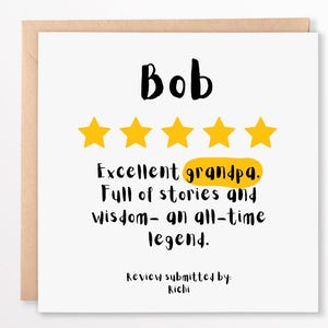 Carte personnalisée grand-père 5 étoiles - Carte d'anniversaire ou de fête des pères drôle et sincère - Cadeau grand-père personnalisé 6 x 6, carte personnalisée