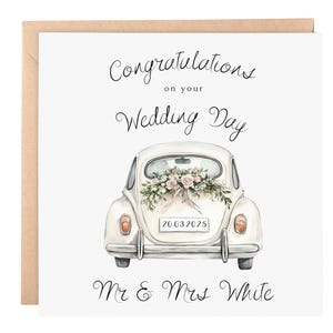 Carte de mariage personnalisée | Carte simplement mariée élégante | Félicitations de mariage de voitures anciennes | Carte de voeux pour jeunes mariés 6 x 6, personnalisé couple