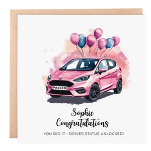 Gefeliciteerd kaart voor rijexamen – gepersonaliseerde kaart van 6 x 6 met roze auto en ballonnen – cadeau voor rijexamen, gepersonaliseerde kaart