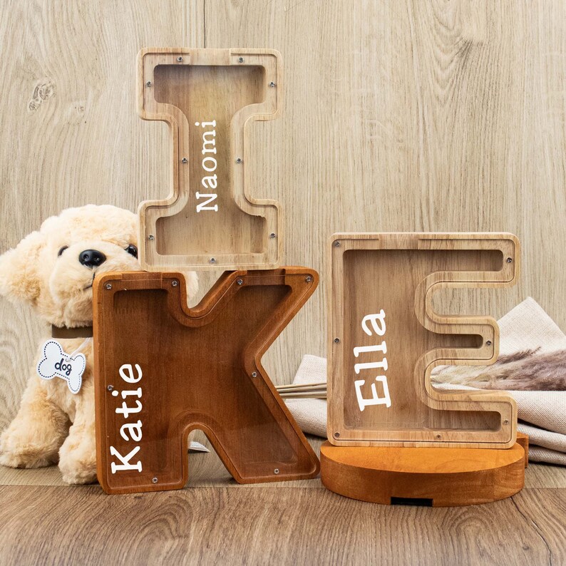 Wood Piggy Bank Letter Piggy Bank Custom Baby Money Box Etsy
