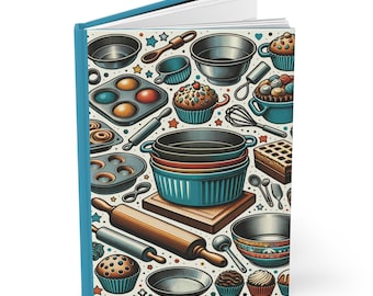 May include: A hardbound journal with a teal cover featuring a colorful illustration of baking tools and baked goods. The design includes rolling pins, mixing bowls, muffin tins, and cupcakes, perfect for a baker or chef.