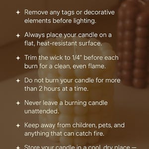 Może przedstawiać: Obraz z tekstem "Candle Care" i instrukcjami dotyczącymi użytkowania świec. Zawiera wskaz&oacute;wki, takie jak przycinanie knota do 0,6 cm i niepalenie dłużej niż 2 godziny. Widoczna jest r&oacute;wnież nazwa marki "AVINUA".