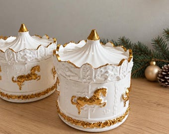 Christmas Carousel Candle, White Gold Ceramic Merry Go Round Jar with Lid, 7oz Wood Wick Coconut Soy Candle, Holiday Gift for Her