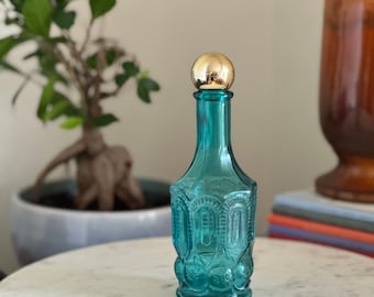 Vintage 1970s Teal Moon and Stars Avon Glass Empty Perfume Bottle. Ready for use for display or fill with toner/lotion and add to a vanity